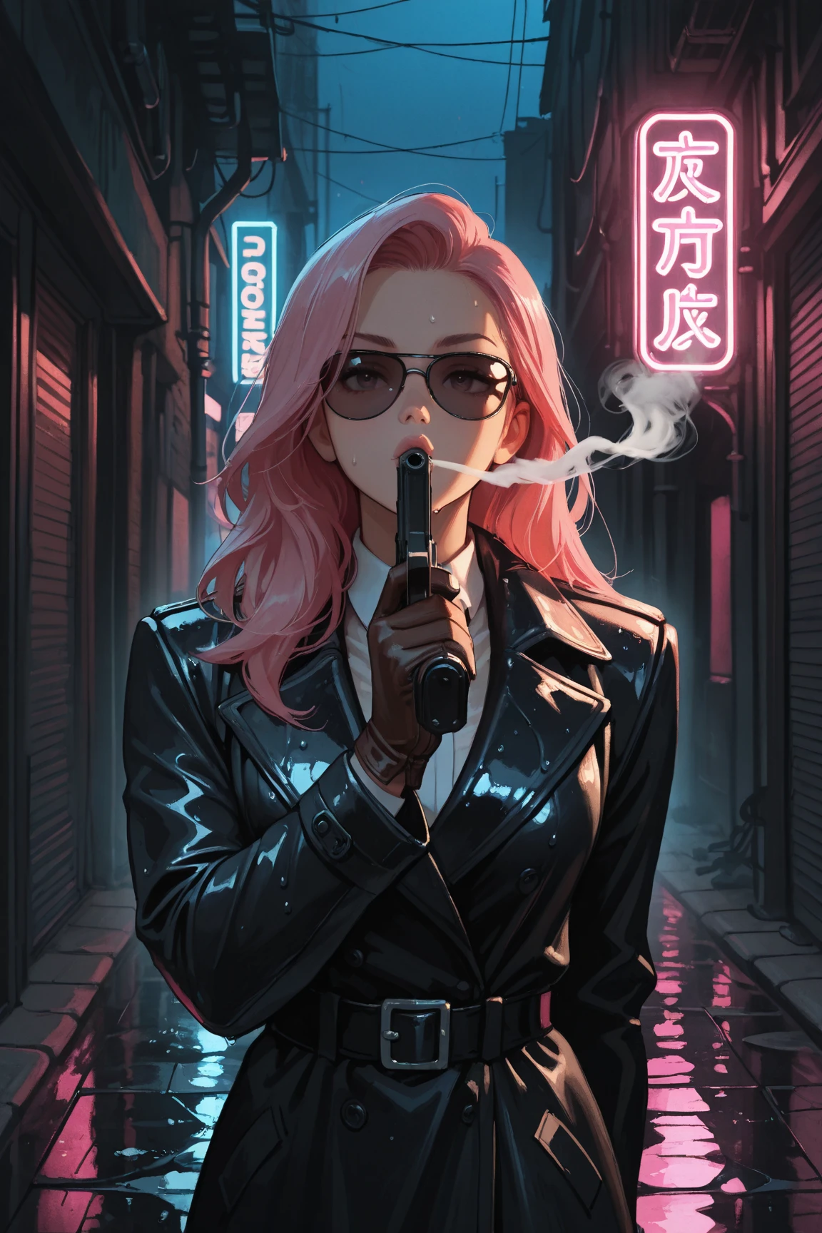 (masterpiece:1.2), (best quality), anime style, ultra-detailed, young-faced cute female mafia boss, sweet and innocent expression, long flowing pink hair, 3/4 view, blowing smoke from a gun barrel, smoking handgun in hand, confident and calm, elegant mafia-style outfit, black trench coat, leather gloves, upper body (face to waist), dynamic composition, night alley after rain, wet reflective pavement, neon lights, cinematic backlight, dramatic shadows, moody atmosphere, multiple henchmen in suits and sunglasses surrounding her, bodyguards standing guard, urban noir style
