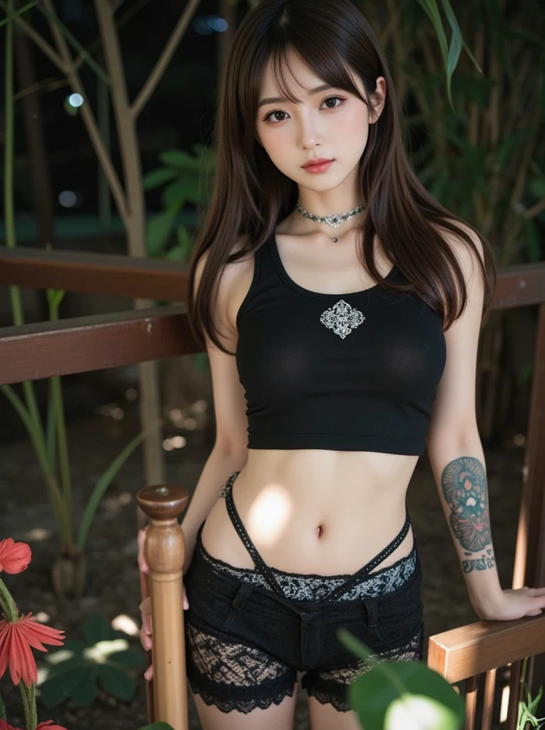 Beautifully saturated photos by Emily Soto, (Cute Japan idol woman), clavicle, (mature:1.3), highest quality, humid, Fascinating,skinny, smile, no_panties, Large Breasts, (masterpiece),(highest quality),(((Pussy:1.3))), ((photoRealistic)), One girl, (Black Hair:1.2), (Waist-length hair:1.5), Big Ass, Gray background, lips, Realistic, A konigsreuter, (front Sheer Lace-Up Cropped tube top:1.6), (High-Waisted Shorts and thighhighs:1.5), (from above:1.5)