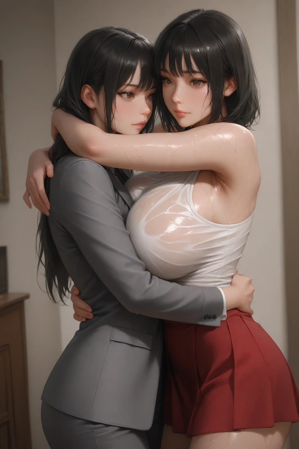 (Faceless beauty: 1.1), (Beauty breast grabbing: 1.1), (Clear shirt: 1.2), (open shirt), 2 girls sucking on their girlfriends big tits. Looking at the camera. See through wet clothes, huge breasts, upright breasts Close-up full body of 3 women lying on bed posing for photos, surreal full body figure, beautiful and detailed body and face, gorgeous figure, ponytail, clear, smiling, moaning, tease, surreal full body figure, beautiful and detailed body and face, super vista, fair skin, bright colors
