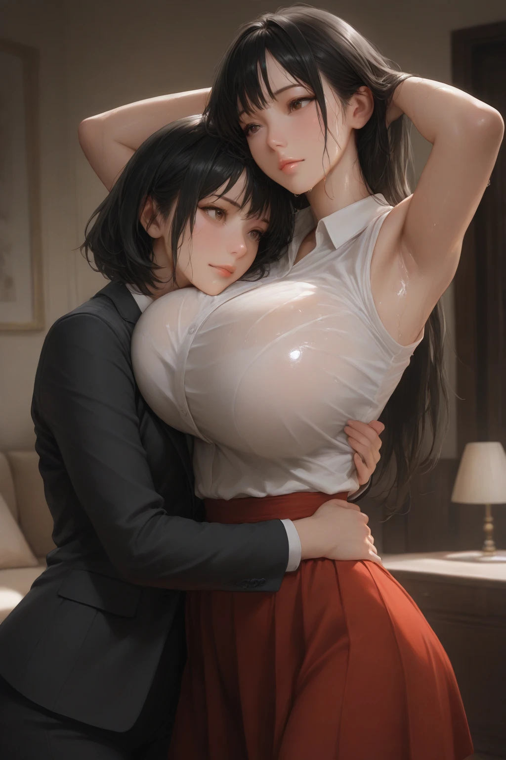 Two girls with big breasts, Close ~ eyes, (Touching each other's crotches, NSFW), Deep Kiss, dress,  Super detailed, Ultra-high definition 4K, Private room, highest quality, Ultra High Resolution 8K, masterpiece