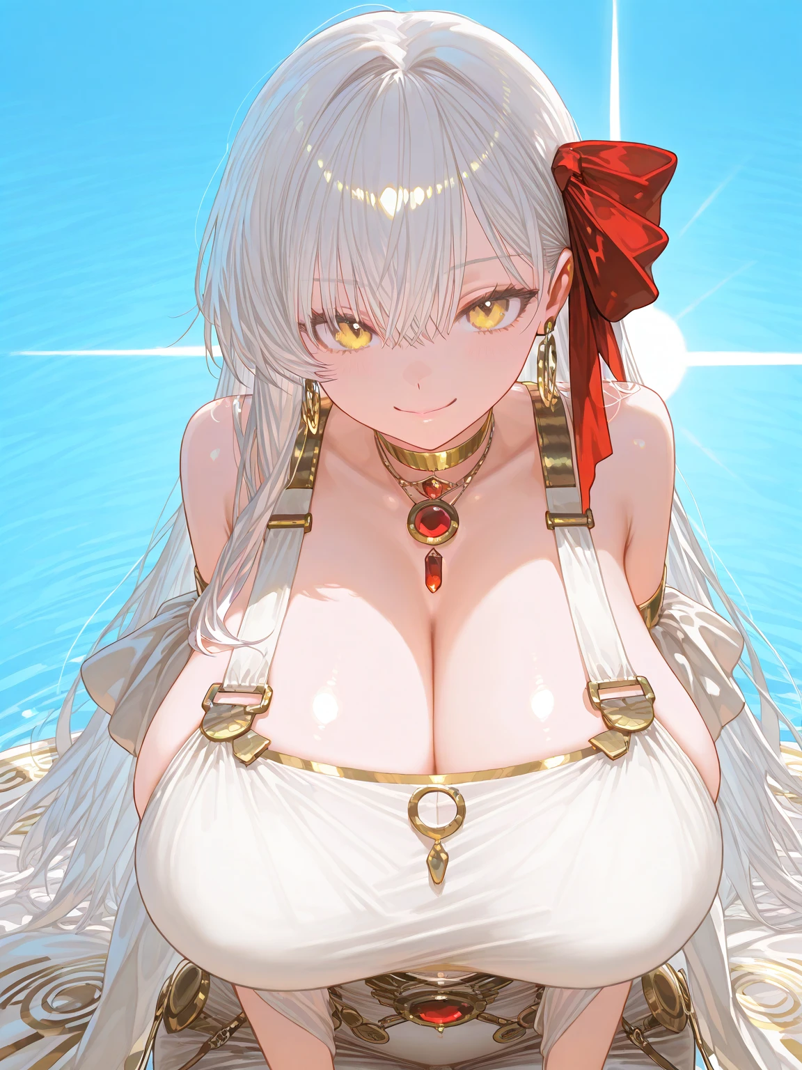 ((Masterpiece, super high definition, ultra high definition, 8K picture quality)), 1 beautiful woman, (((shining silver shoulder length hair))), (((bright wavy hair))), (((bangs bangs))) (heart shaped eyes) (((shining clear red eyes))), ((very long eyelashes)) (orgasms) (((light blue sequined micro bikini))), (((light blue thong and Cape))), (((very big breasts, skinny body))), (((charming smile))), (((sexy pose))), (((silver colored tiara))), (((cute earrings, bangles, bracelet, rings))),