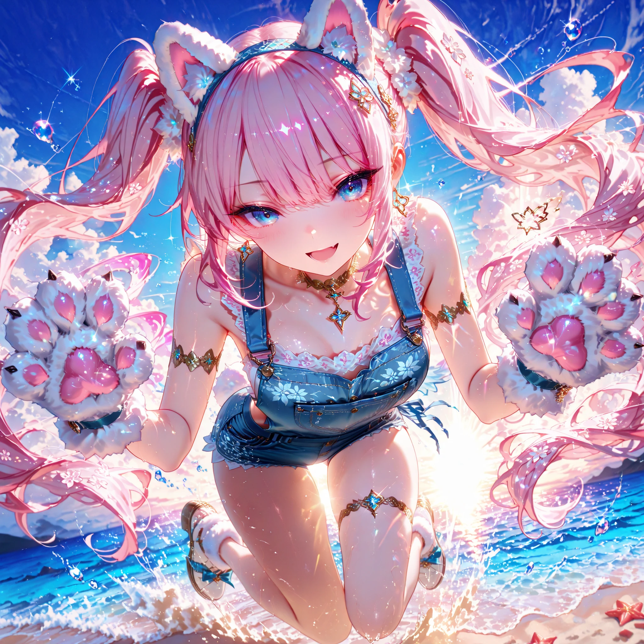 masterpiece, best quality, hyper detailed, exquisite, Full-HD, 16K, absurdres, female , kemono, happy, cheerful grin, walking, looking at viewer, twintail, two side up, bun hair, wave hair, medium hair, blunt bangs, drill hair, wavy hair, shiny hair, pink hair, colored inner hair, pink eyes, blue eyes, odd eyes, with irises, with heart-shaped irises, with diamond-shaped irises, with sparkling eyes, with star-shaped irises, big eyes, droopy eyes, heterochromia, wide-eyed, with heart-shaped eyes, with heart-shaped pupils, pale skin, fair skin, shiny skin, detailed skin, short, slim, bikini, smaller face, with cat ears, cat tail, cute face, baby face, teenager, on the beach, blue sky and shining lights, kawaii, cute, anime, cel anime, full body shot, upper body, closeup shot, cowboy shot, from front, front view, dynamic angle, wide view, wide shot, golden ratio, framing composition, sunlight, dramatic lighting, best light