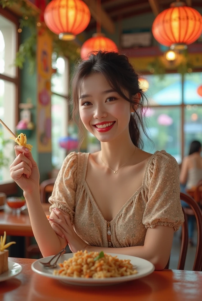 (((best quality))),(((ultra detailed))),(((masterpiece))),illustration,((2 beautiful girls)),(short ponytail:1.2),(glasses:1.3),((slim,thin)),((small breasts,flat chest)),(KFC outlet:1.3),summer,(night scene:1.3),(strapless white bra:1.3), brightly lit background, almond-shaped eyes, mischievous grin,youthful charm,innocence,deep shade of eyes, fair complexion, confidence, sophistication, serene smile, bustling activity, fried chicken aroma, large poster, special bond, comfortable posture, natural smiles, enjoying time together, laughter, vibrant atmosphere, summer snapshot, joy, carefree spirit, youthful energy, timeless keepsake, simple pleasures, enduring bond of friendship,((from front,close-up of face))