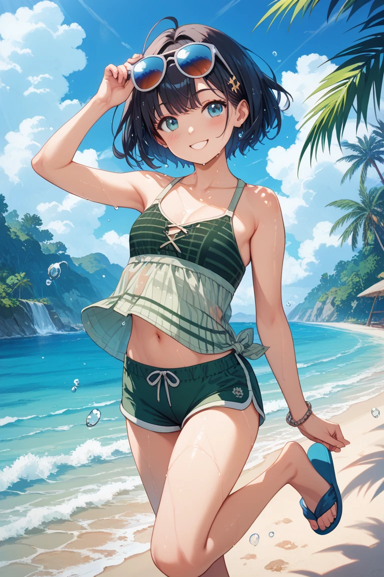 (NSFW:1.3)、full nude、 ,pokemon leak, hair clip、(Frill bikini wiTh whiTe minT green lines:1.2)、blue eyes、nude、
,,,SweaT, weT wiTh SweaT, Shin, heels, feeT, five fingers, fine hands, , alone, , feeT, (socks:0),i don't'T'flip flops, release feeT, , release feeT, sandy beach,,dim、evening、, Thin, no muscles, normal body,
