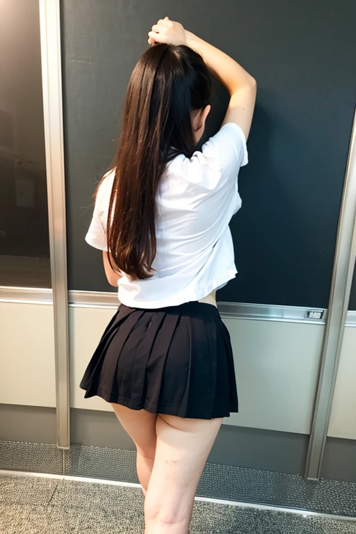 nsfw,((naked))、1 Girl, alone, Japanese girl, 14 years old,The background is the library、Many books棚、Many books、(Highest quality, Realistic, High resolution, 8K, Very detailed, Detailed face, Shiny skin), Japanese , Collared shirt, White shirt, Red ribbon, Black Hair, ragged bangs, ponytail,Gazing into the distance,Young face、Are thin、Slim figure、slender、Short、 System、((Lots of sweat))、Navy blue checked skirt、Nice thighs、Crouching,Shooting from behind、