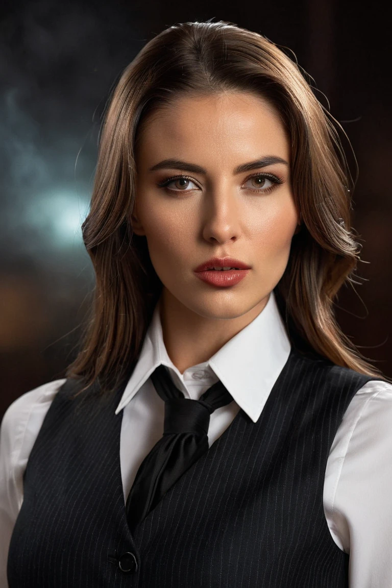 Foto hiperrealista en primer plano de Alicia Vikander, masterpiece, best quality, (photorealistic:1.4), full body, black jacket over white buttoned oversize shirt black pencil skirt inside the bar the bar is in dark, shadows on the walls from the night lamp. darkness, cinematic light, beautiful woman, skinny, medium breasts, dark blond hair, detailed face, smile, facing the camera, photo taken from a distance, age of 20 years old,