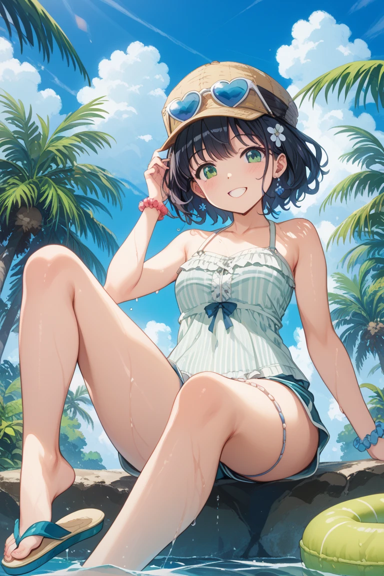 (highest quality, masterpiece, High resolution)、4K Anime Art、(1 beautiful Japan woman、20-year-old)、(Full body portrait、Natural standing posture)、 (Detailed depiction of a beautiful face)、Smiling Kindly、Small breasts、Slim figure、((Cat ear))、Medium Short Hair、(Using ethnic patterns and primary colors、bikini、Paleo skirt)、tropical、Against the background of palm trees、With the sea in the background、Blur the background、