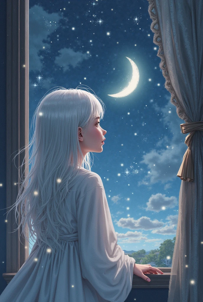  , nuit , devant sa fenêtre , lune , cheveux blanc , pyjama