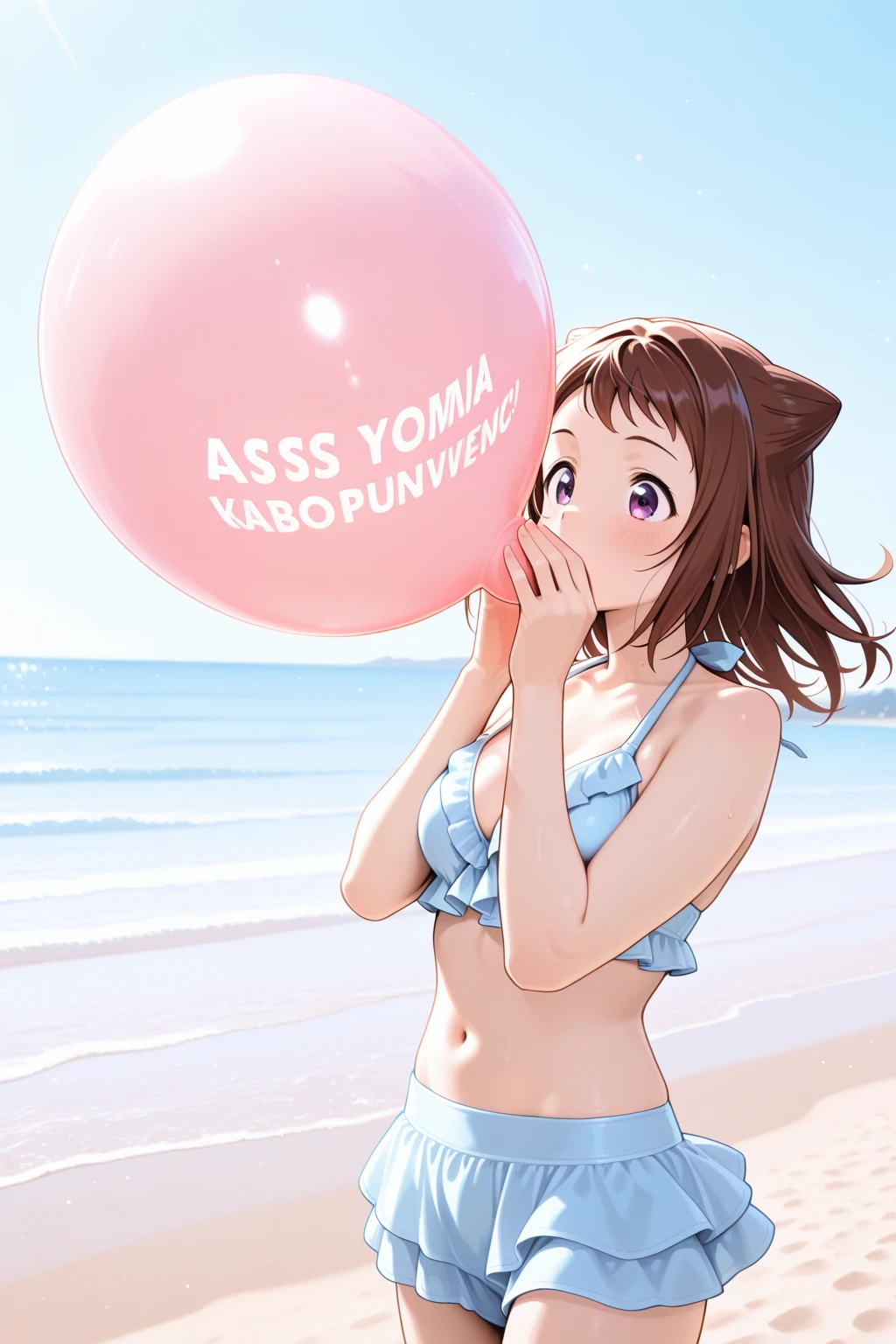 1girl, solo, two heads, conjoined, looking at viewer, kissing, middle finger, Uraraka Ochako, thick_eyebrows blush_stickers, brown_hair, brown_eyes, short_hair, sideburns, shiny hair, medium breasts, skindention, white swimsuit, score_9, score_8_up, source_anime, beach background
