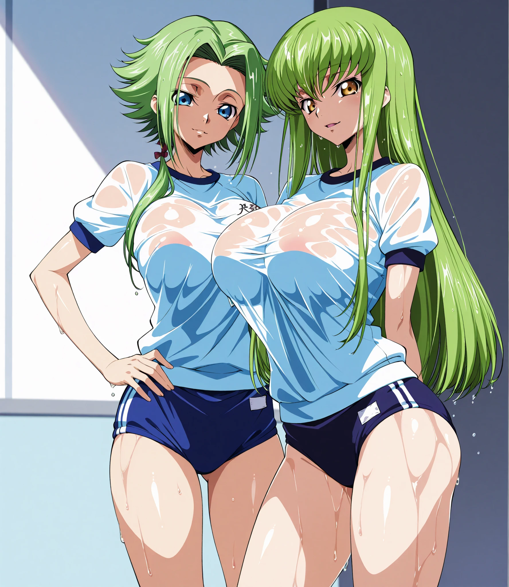 orihime inoue, mitsuri kanroji,2 characters 2 female, multiple characters, playing golf,both sexy,both perfect body,both fullbody,both smiling,both looking at viewer , both white skirt,both white heels,both white stockings,both wear topic which cover breasts and show abs,abs,shirt,nature background, laughing