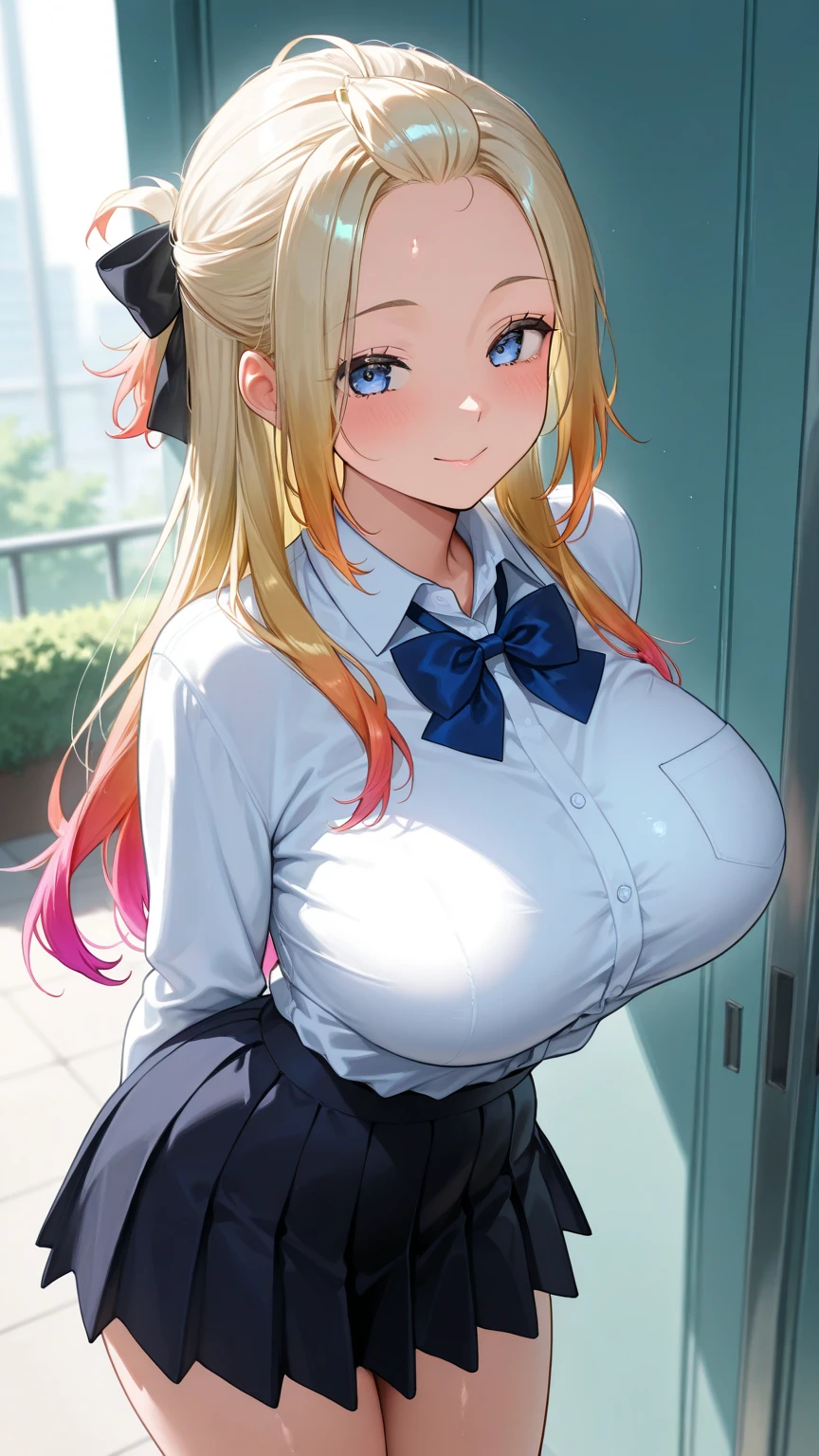 (((masterpiece))), ShizukaMikazuki, One Girl, alone, View your viewers, Long Hair, Blonde, Long sleeve, Cleavage, (Huge breasts),clavicle, Mature Body,Attractive body,Trained abdominal muscles,Make your face a little smaller,Enlarge your breasts,tall,Blushing,High Ponytail,Wearing a uniform, (Very detailed sailor shirt with collar:1.3, Long sleeve:1.3), (Black Check Skirt:1.3), Detailed clothing, Play sports often, Charm Choker,Earrings,Detailed expression of fingers,Pink nails,Laugh naturally,blue eyes,Schoolyard,Looking at the camera,Please bring your face closer to the camera,Smiling Kindly,Thick lips