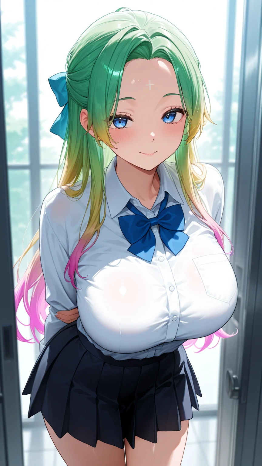 ((A Pretty nude high school girl with green hair and blue eyes)), ((lifting up the sailor suit)), shirtlift, wearing the navy skirt, Baby face, ((top-quality, master piece, ultra-definition, high resolution)), anime girl, ((ultra-detailed illust:1.2)), 1 girl, bangs, hair between eye, beautiful hair, Shiny eyes, ((detailed eyes:1.2)), ((super gigantic breasts:1.3)), ((bouncing breasts:1.3)), motion blur, ((Give the breasts a blur effect:1.3)), huge tits, Soft breasts, cleavage of the breast, show breasts, emphasize the breasts, focused on breasts, ((erected nipples)), belly button, Big smile, enjoyed, laughing, opened mouth, take off clothes, in the classroom, cowboy shot