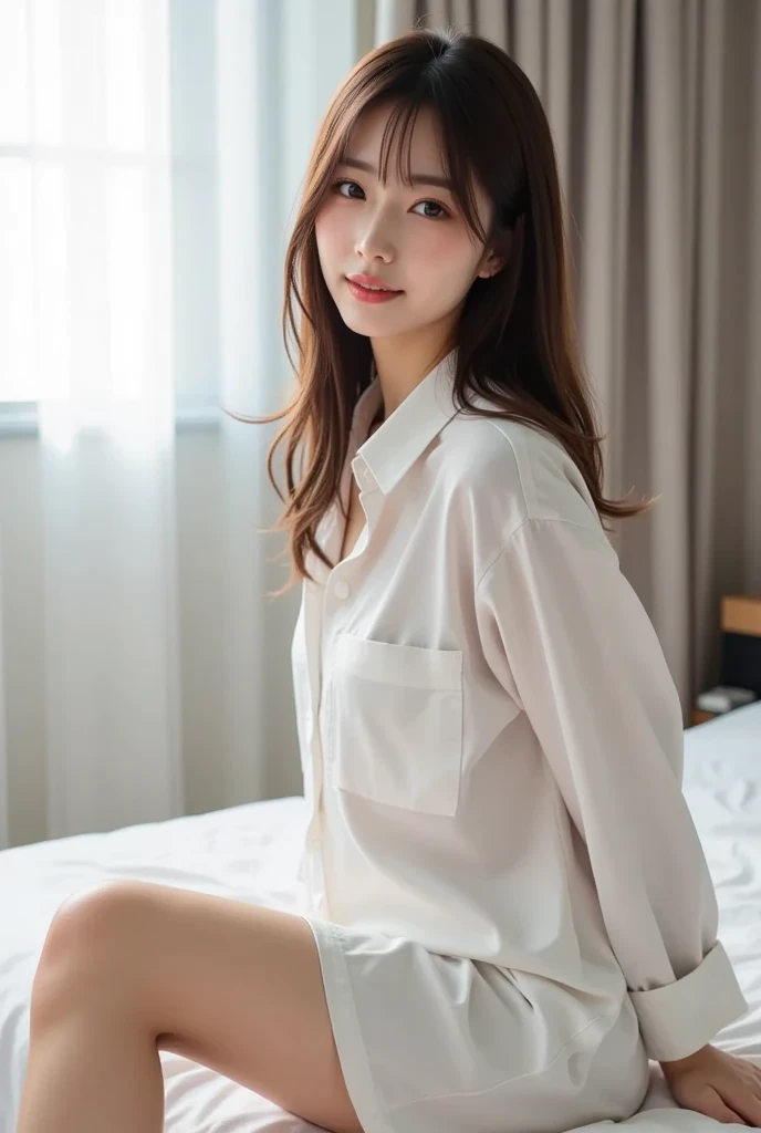 (((Draw only one woman: 2))), Beautiful woman wearing baggy white long sleeve shirt only, Sitting on a bed in a stylish bedroom, 20-year-old beauty, ((1screen)), in 8K, RAW shot, top quality photo, ​masterpiece, Nice realistic photos, ((Anatomically correct proportions: 1.5)), ((Perfect proportions)), ((beautiful woman like a Japanese actress) ), A detailed face, A detailed eye, Narrow Nose, Detailed fingers, detailed arms, Detailed skin, Detailed legs, short torso, Slender body, Thin thighs, Large breasts,  Shadow, Crotch wrinkles, Small beautiful ass, Shy smile, White dress shirt with collar and front buttons, Remove the top four buttons, Men's Shirts for School Uniforms