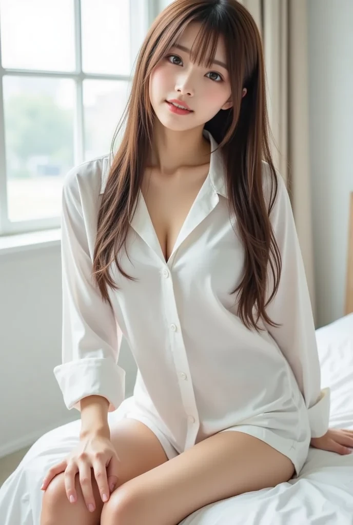 (((Draw only one woman: 2))), (Beautiful woman wearing only baggy white long sleeve shirt:1.5), Sitting on a stylish bedroom bed, 18 year old petite beauty, ((1screen)), 8K, RAW shot, top quality photo, masterpiece, Nice realistic photos, ((Anatomically correct proportions: 1.5)), ((perfectly proportions)), ((beautiful woman like a Japanese actress) ), A detailed face, A detailed eye, Narrow Nose, Detailed fingers, detailed arms, Detailed skin, Detailed legs, short torso, Slender body, Thin thighs, Colossal tits, Nipple shadow, Crotch wrinkles, Small beautiful ass, Shy smile, White shirt with collar and front buttons, Unbutton the top 4, School uniform shirt, Thin fabric shirt、Highly revealing panties visible through the gap、cleavage of the breast、bangss