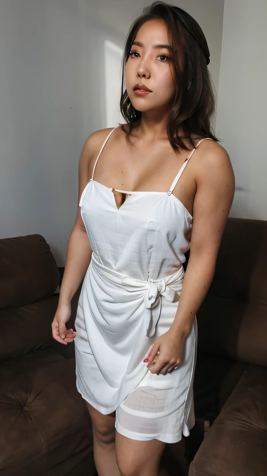 40 year old Portuguese lady, sexy curves, big legs, big thighs, small waist, culona, Well detailed face, long white skirt, A white blouse, braided bun hair