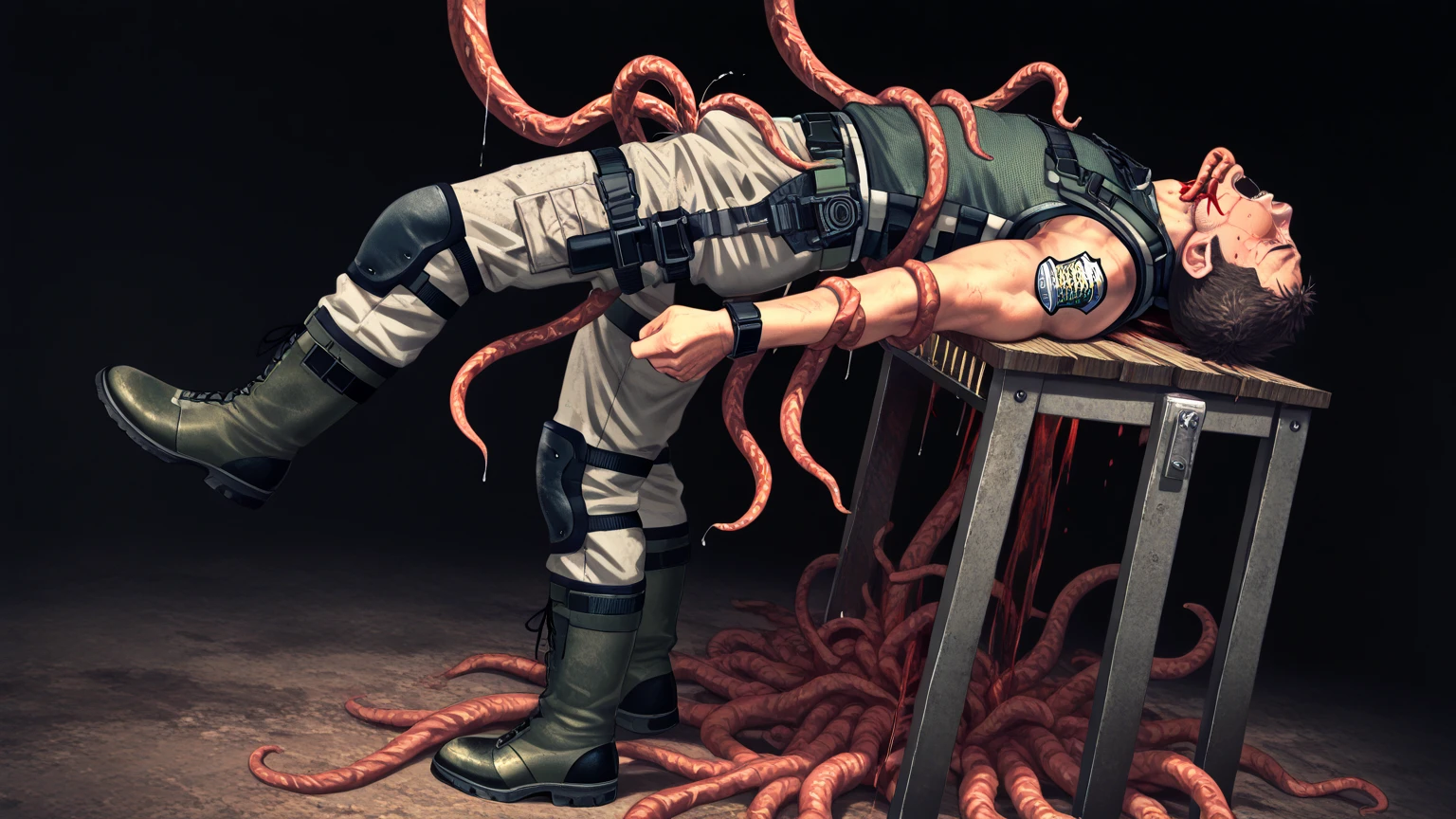 The muscular and strong police officer is dressed in a neat and straight uniform, wearing a regulation police cap with the police emblem on it, with regular epaulets, tentacles, slimy tentacles, monster and human breeding, Tentacles wrapped around the body, Insert tentacles into the body, Blocked mouth by tentacles, Both hands are bound, The reproductive organs are covered in tentacles, The chest was torn apart by tentacles, Tentacles penetrate deep into clothes, Wearing pants completely, Complete wearing of trousers, Complete wearing of trousers, Do not expose the reproductive organs
