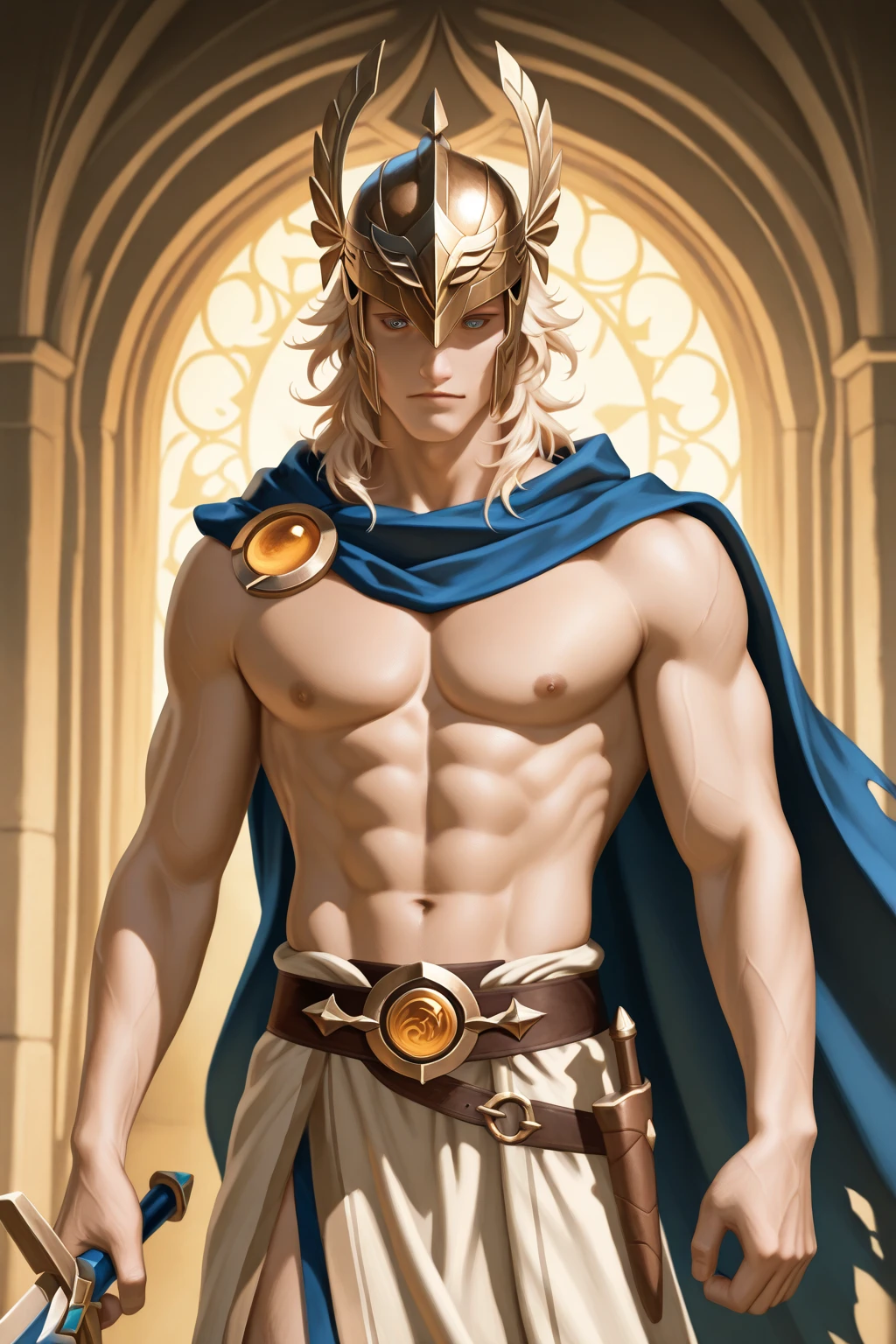 Silver-haired teenager，Toned muscles，Huge bulge in crotch transparent white gauze，Naked upper body，ancient greek dress，Perfectly integrated with his body。The lower body is as thick as a small tree，And huge eggs like plump fruits，Slender and strong，soft arc，Hair is light brown，Slightly curled，A natural glow。A few stray dragon manes，The face is delicate，golden eyes，Transparent。Huge with light pink color，Dragon blood，without personnel，His crotch is full and strong，Infinite vitality，Smooth and white skin，healthy glow,Wildness and power