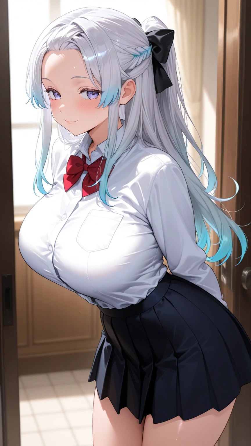 The Masterpiece, best qualiy, High_resolution, Fine details, an extremely detailed and beautiful, distinct_image, 1 Girls, 独奏, silver-hair,red-eyed, (ginormous breasts), (titts),Curves,From Under,full - body,(School uniform),(miniskirts),(Crotch)