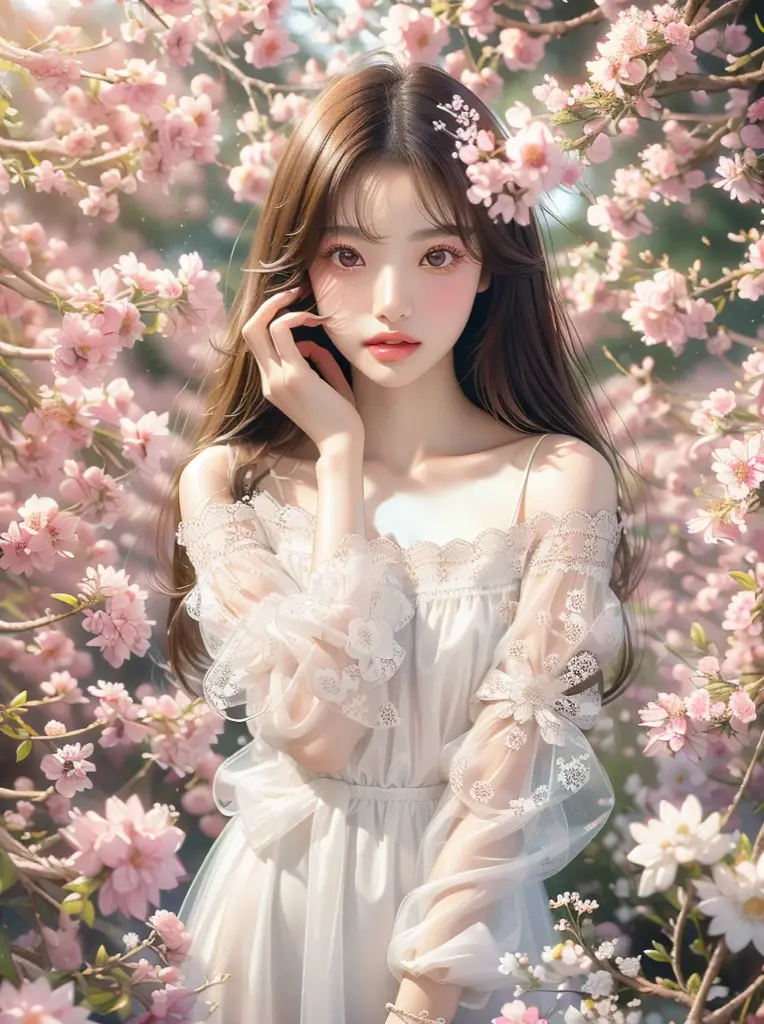 Realistic photos (one cute korean actress) Straight long hair, light makeup, (((Transparent white skin 1.5)))Medium chest,, close, Canon EOS 8K high resolution captures facial features clearly, Sharp details, Realistically、White lace dress、Off the shoulder、See-through、Surrounded by countless flowers、