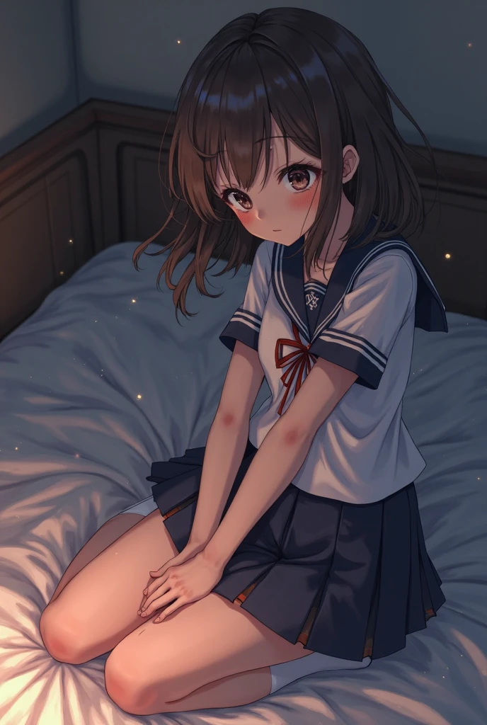 A high school girl in a sailor uniform who is feeling unwell is lying on a bed in the nurse's office.