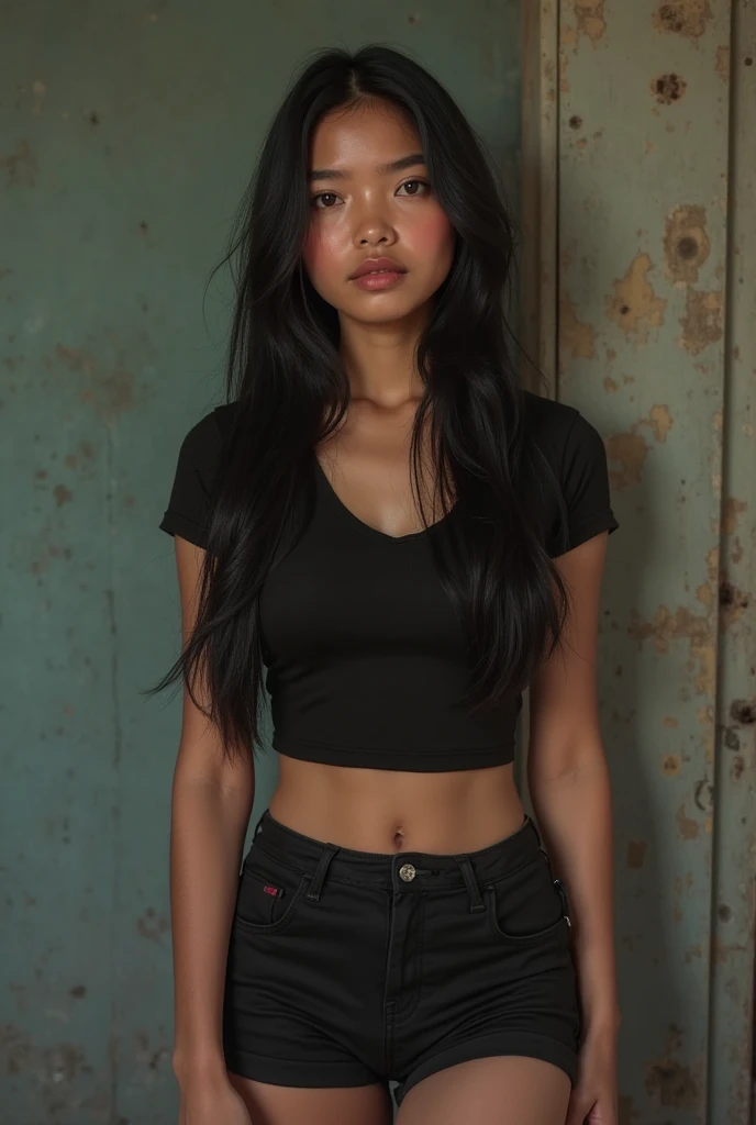 body photo, beautiful detailed, cute face, short, slim Guanajuato teen, long black hair, black hair over one eye, long sleeve plain T-shirt, long pants, fat wide hips, solo, voluptuous breasts,