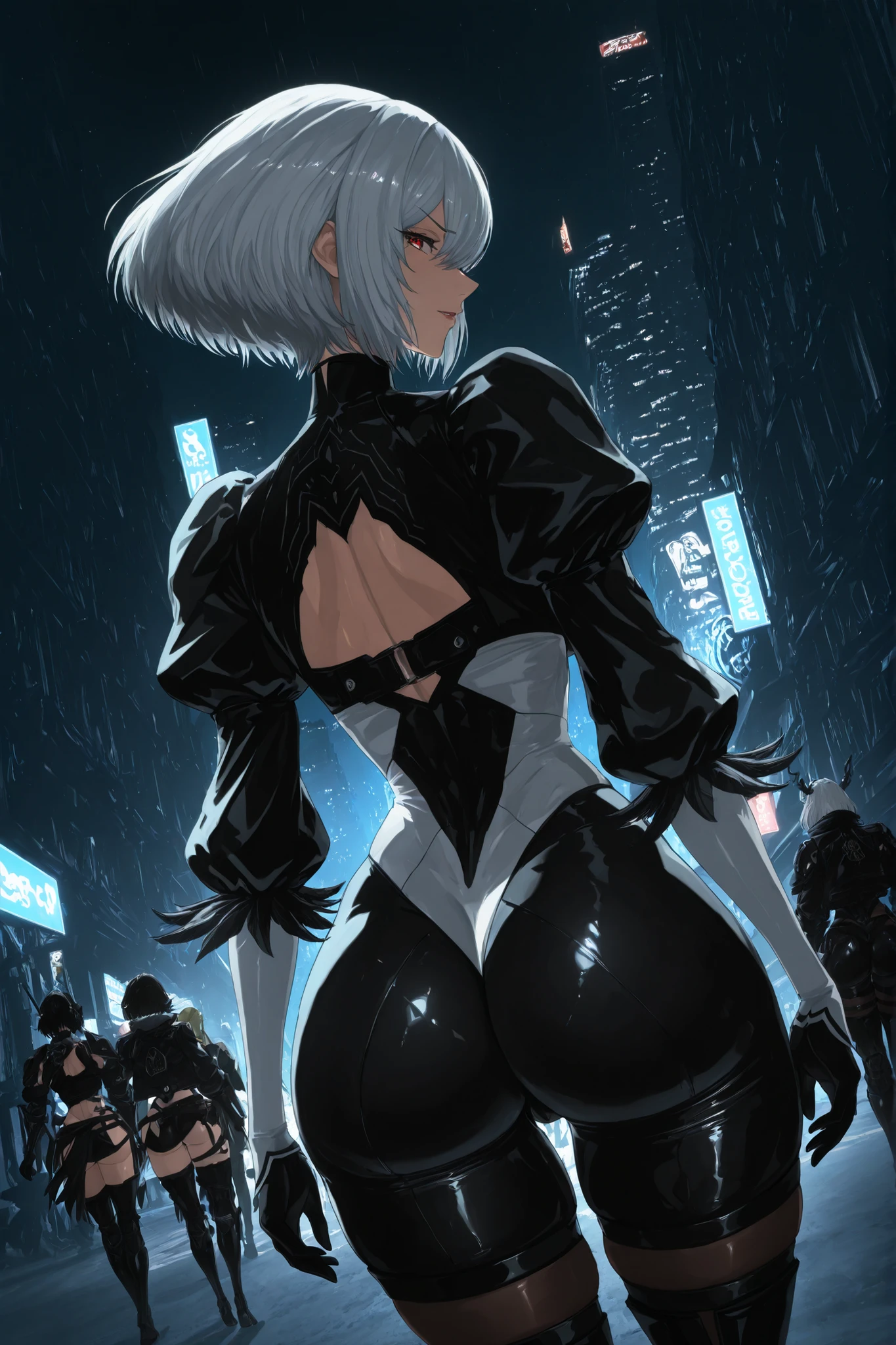 score_9,score_8_acima,score_7_acima, score_6_acima, score_5_acima,Fonte_anime, corpo inteiro, quarto de dormir, sfw, sensuais, sedutora, dystopian decadent city, a beautiful interpretation of 2b, yorha no. 2 Tipo B, cabelo curto, cabelo branco, verruga, faixa de cabelo, venda para os olhos, olhos cobertos, olho negro vendado, furrowed eyebrows, very cabelo branco, cabelo rebaixado, female, body preto virgem, peituda, curvy hips, ajuste de forma, sedutora, (seios falsos), bunda Coxas grossas, Tilted Dutch Angle, looking at the spectator, dynamic angle, view in three bedrooms), (apenas), Garras longas, rear view with the best shade and best HD resolution