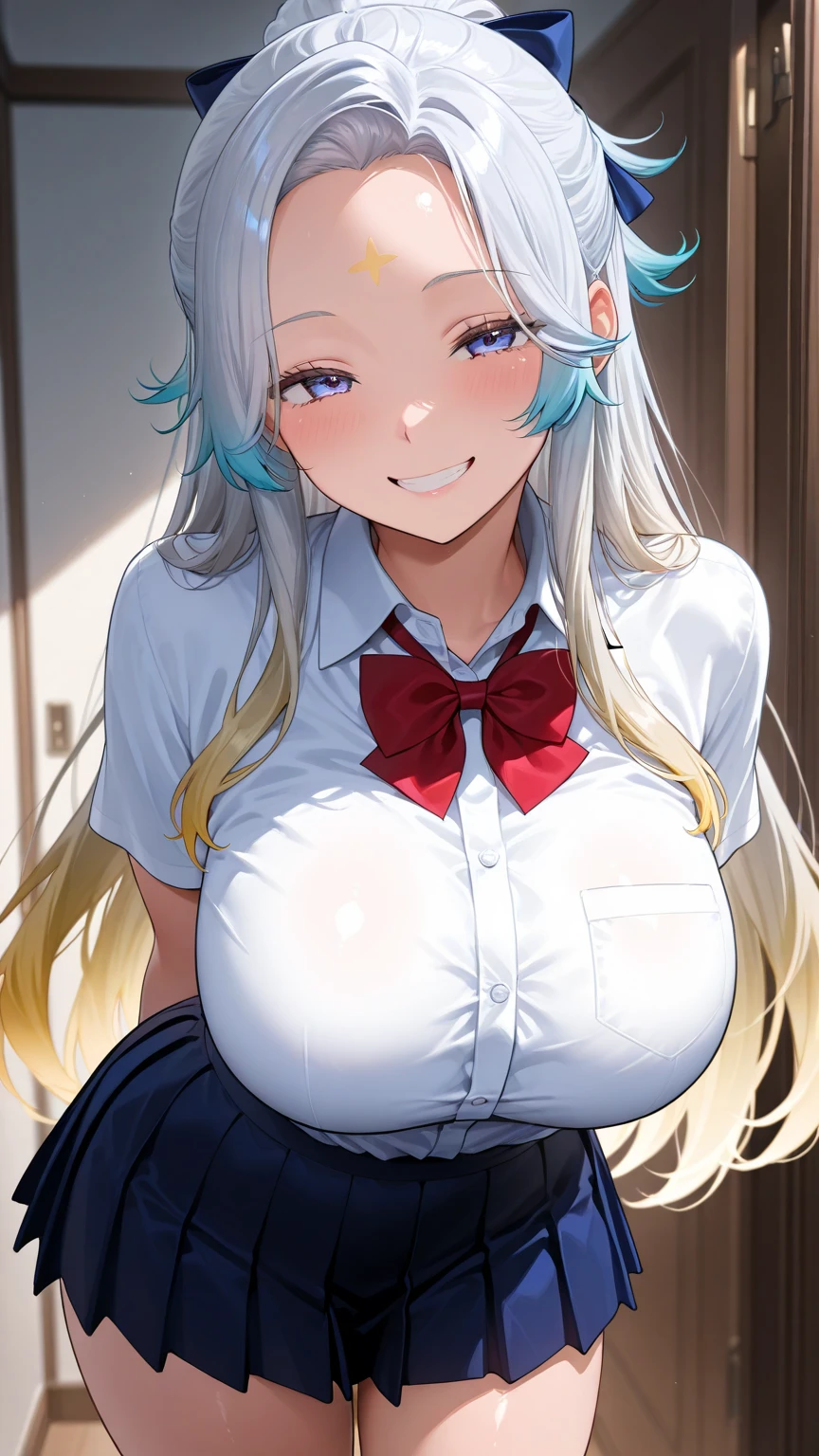 1woman,smile,enormous breasts,brown skinned,silver hair,high school girl,great figure