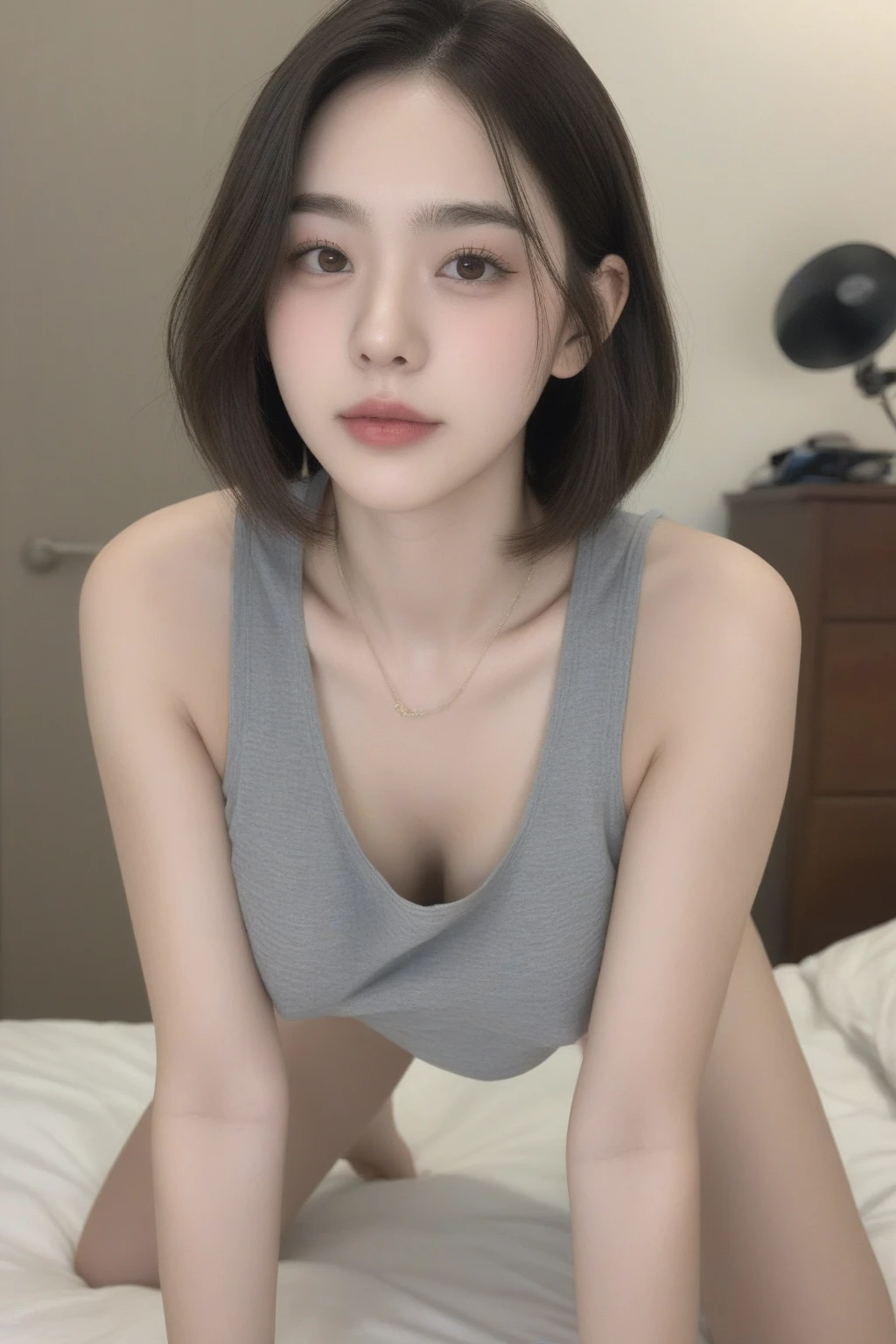 Top image quality、Raw photography、超A high resolution、An 18-year-old woman、Shooting for one person only、modelshoot、big round chest、cleavage of the breast、Wearing a tank top、Wearing a black skirt、Beautiful Eyes of Details、very elongated eyes、Beautiful eyelashes、Beautiful double eyelids、white walls、very slender legs、Shorthair with light brown hair、very slender physique、Very small buttocks,(wet skin 1.1), large breasts
