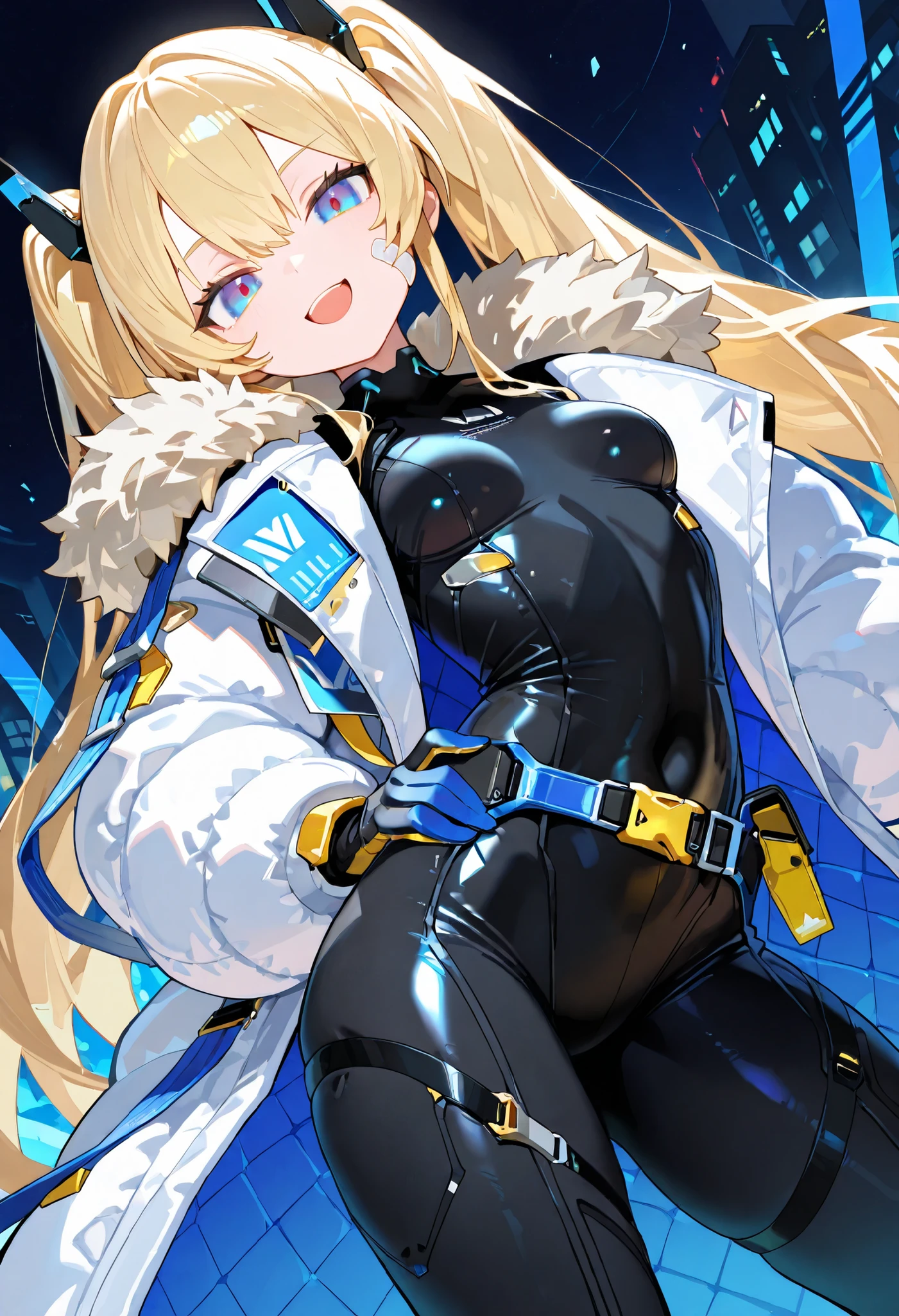 masterpiece,perfect anatomy,high resolution, ultra-detailed,beautiful detailed eyes,dutch angle,absurdres,1girl,solo,laplace, blonde hair, twintails, long hair, hair ornament, blue eyes, bandaid on face, small breasts, white coat, fur trim,black bodysuit, small breasts, white coat, fur trim, belt, gloves,standing, looking at viewer, smile, open mouth,contrapposto,