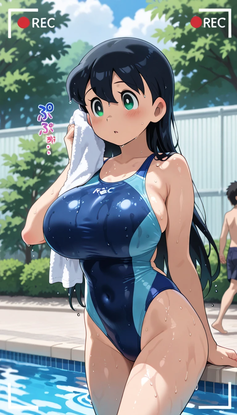 masterpiece, best quality, ultra-detailed, extremely detailed,illustration, 1girl, solo, misumirin, low ponytail, hair ribbon, white school swimsuit, yellow eyes, large breasts, thighs, (blush:1.3), smile, open mouth, looking at viewer, wading, pool, outdoors, blue sky, upper body, <lora:misumirin-nvwls-v1:0.8> <lora:school_swimsuit3:0.9>