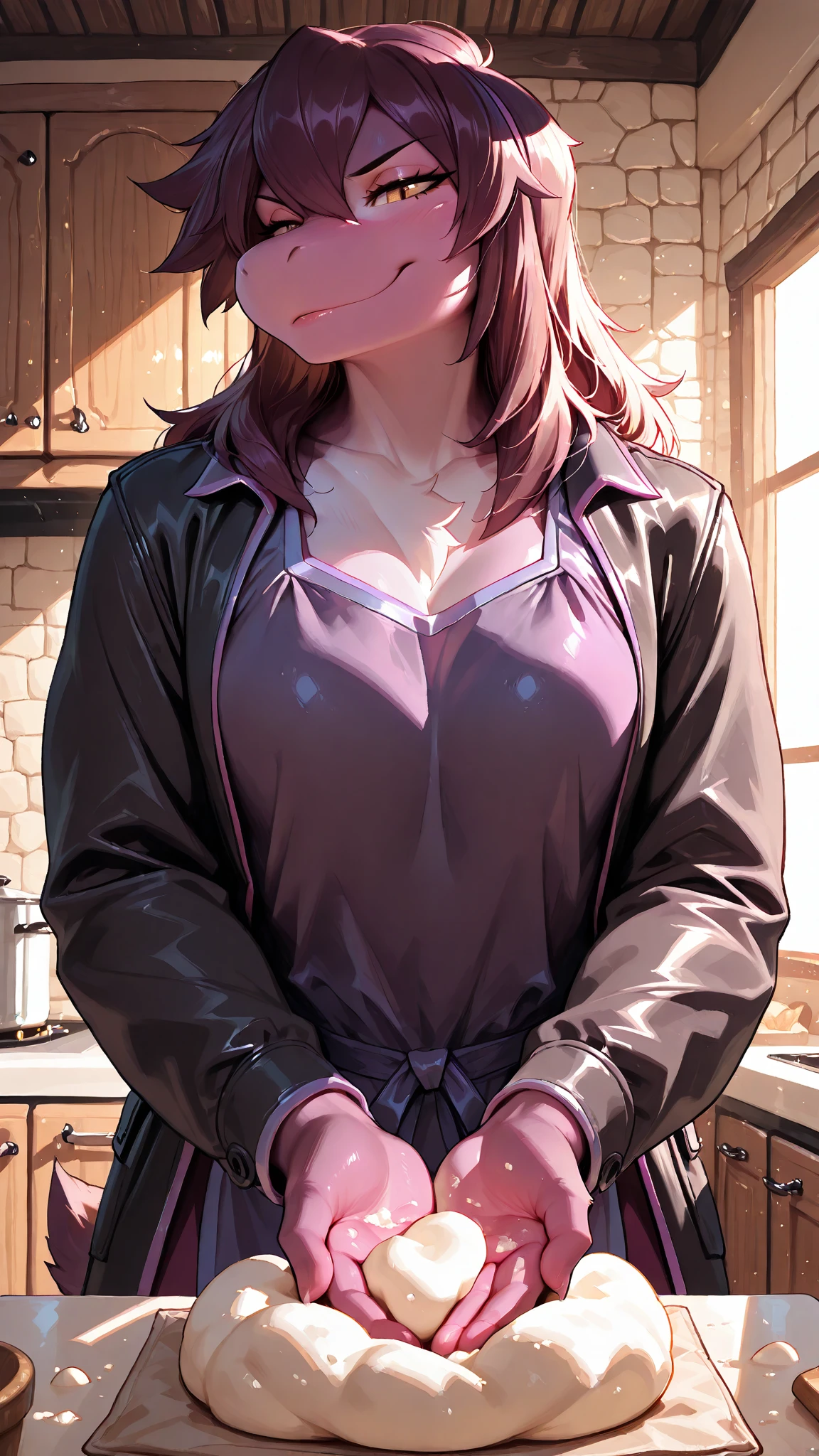 Pink apron, shirtless, exposed tits, 1 girl, brown eyes, brunette hair