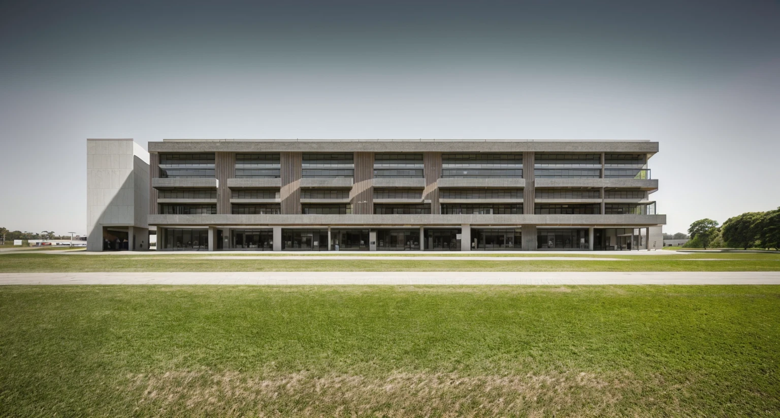 A modern corporate office building 4 storey, red , white facade, [few windows] , [few glass wall], minimalist and clean architectural style. The structure is multi-story with wide windows, minimal glass facade, sleek design lines, and a contemporary main entrance. Surrounded by green lawn and clear blue sky, with flags fluttering at the front. A company logo is displayed on the facade. Shot in daylight from a cinematic wide-angle perspectiv