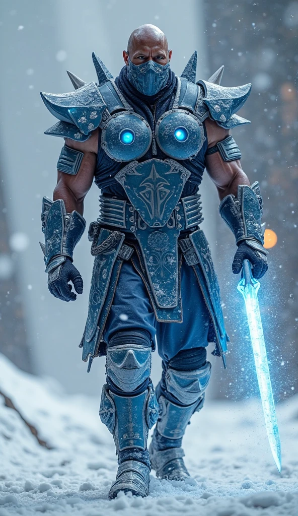 ic34rmor, wearing ice knight armor, dynamic pose, fighting stance, holding ice sword, medieval fantasy city background, full armor, realistic, masterpiece, intricate details, detailed background, depth of field, photo of a man,