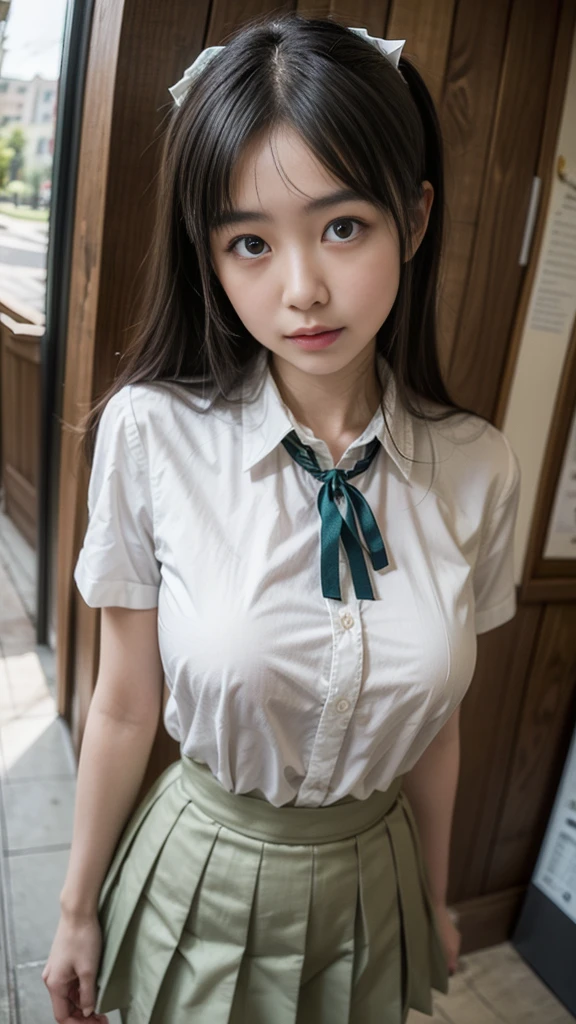 masterpiece, best quality, illustration, Super detailed, fine details, High resolution, 8K,wall paper, perfect dynamic composition,(Details High quality, realistic depiction of eyes:1.3), straight hair, ,white shirt), green plaid short skirt, green ribbon, black hair color, Big Natural Color Lip, hotel room, crying a little、 Harajuku style、20 year old girl、cute type、lolita, Gravure Idol, full body photo、focus on crotch, huge breasts