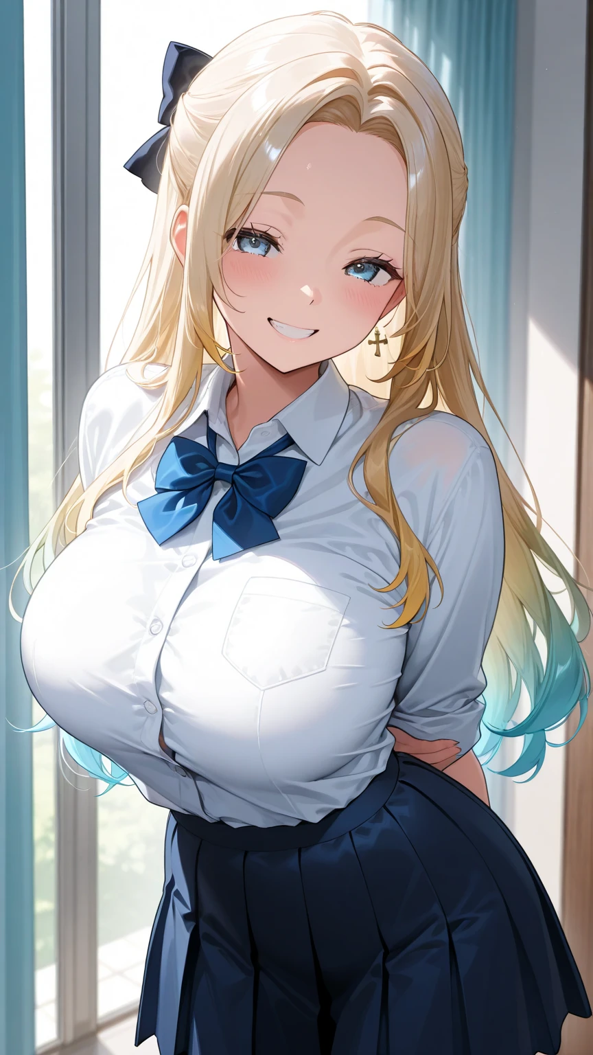 1girl, kitagawa marin, sono bisque doll wa koi wo suru
\\\\\ masterpiece, best quality, newest ///// , nyantcha, , khyle, cutesexyrobutts, omone hokoma agm \\\\\ thin waist, solo, cropped legs,, dutch angle, sky, clouds, outside border, big breasts, dark pink eyes, naughty smile. She has smooth blonde hair with an ombré transition to pinkish-red or citrus orange at the tips and reaching down to her waist in the rear. she wears a white button shirt with one chest pocket the her left, a navy-blue tie, a plaid skirt, black socks and brown shoes. She also tends to wear a stretchy black choker, school, naughty smile