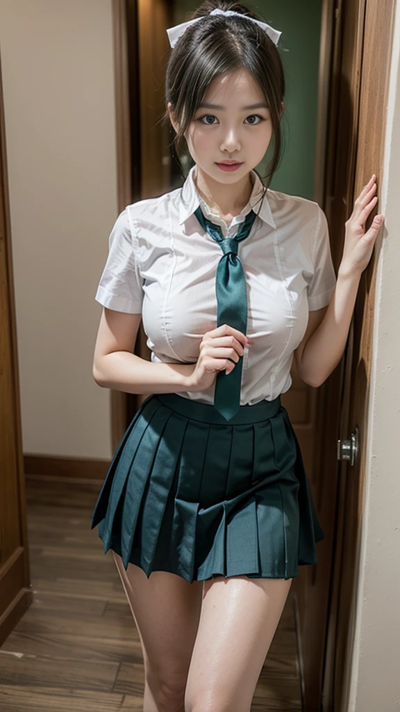 masterpiece, full HD, 8k, sexual blue skin demon girl, sexy 12 year old teen, young face, smooth, wrinkle-free skin, golden hair and updo hairstyle, wearing sensual  uniform, Open white shirt, with the tits out, flat chest, thick and hard erect nipples, green plaid skirt, thick legs, wind lifting the skirt, without underwear, separating the legs, exposing her shaved vagina, having an orgasm, dripping from the vagina
,sd 1.5,Photorealistic