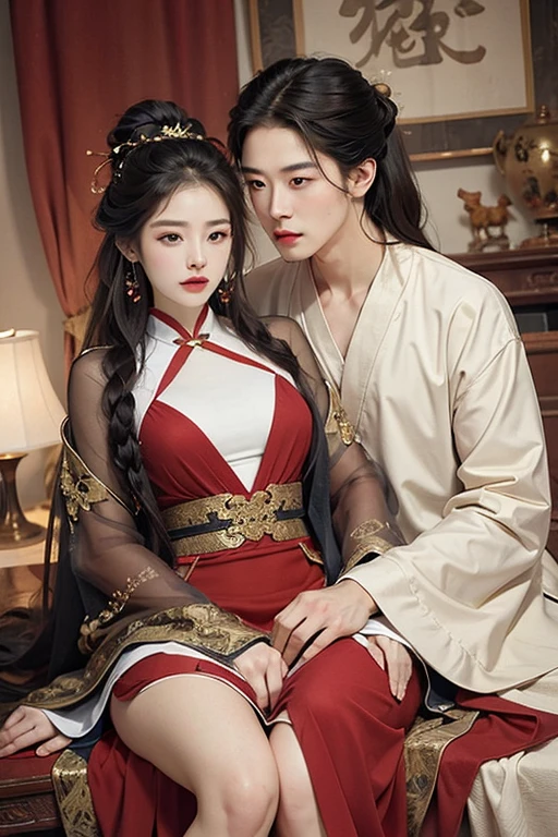 a couple of lesbians.Woman wearing red lehenga, sitting on lap of woman,(realisticity: 1.2), best quality, 8K UHD, masterpiece, highres,cg, aggressively,(ulzzang-6500-v1.3,pureeroface_v1,octane rendering)