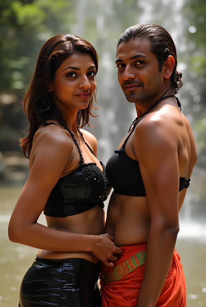 Samantha ruth prabhu,Masterpiece, ((realistic:1.5)),((best quality)), ((masterpiece)),((detailed)), (1girl), {a beautiful female wearing, (upper body:1.3),super-wide-angle lens,face focus, mature,sexy,toned muscles,long legs,curvy, barefoot, medium breasts, open cleavage, drooping breasts, thick thighs,wide hips, thin legs, green eyes,long black hair,floting hair,long eyelashes, (detailed face,beautiful eye, detailed pupilss,detailed clothes features, clear background:1.3), (Bindi,Jhumkas:1.3), (Armlet, Haar, Payal,Maang Tikka,Jhumkas,Kamarband,Bangles:1.3), mysterious ancient ruin, lush forests, deep canyons,bridge,river,cliff,cloud, lakes,rock,waterfalls, flowers, grass, fog,vine,tree, smoke, best shadow,bright details,sharp,perfect composistion, Intricate, Sharp focus, dramatic, by Frank Frazetta,by Julie Bell,by Olivia De Berardinis,by Luis Royo,by boris vallejo, (specular lighting:1.3),rim light, princesses, royal skimpy topless, hugging and touching each other, teasing t4mm's belly, teasing her friend's buttocks, blushing friend, biting her friend's ear lobe, hugging from behind, touching her friend's breasts from below