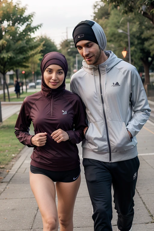 A man and a women holding their hand,and the man wearing black pant with white shirt,and the girl wearing a hijab,and there is some snow mountain in the background