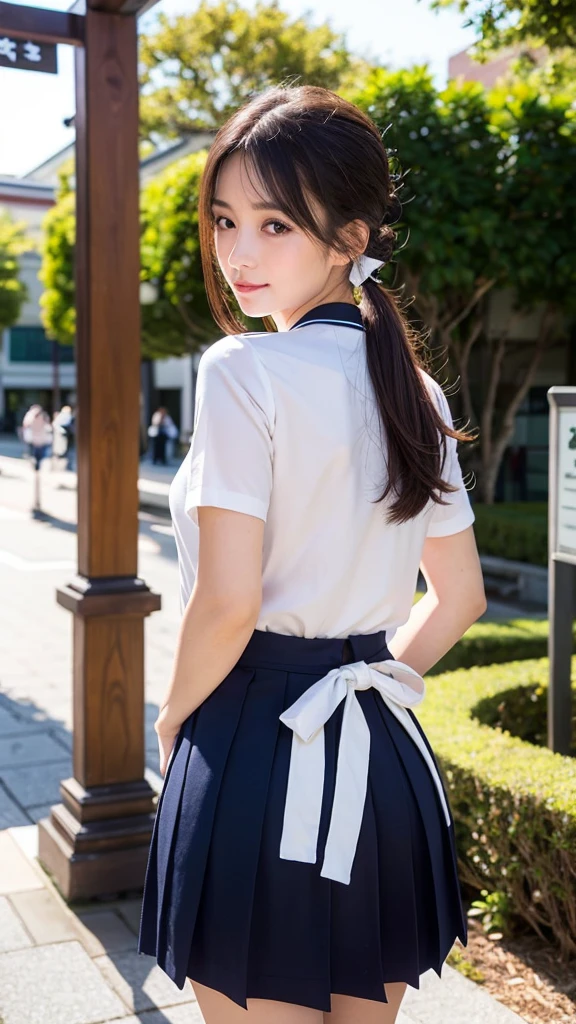 1 girl, mini skirt, photo realistic, Japanese idol, cute face, ponytail, white shirt, slim body, slim legs, in side effect, low angle, long socks, uniform