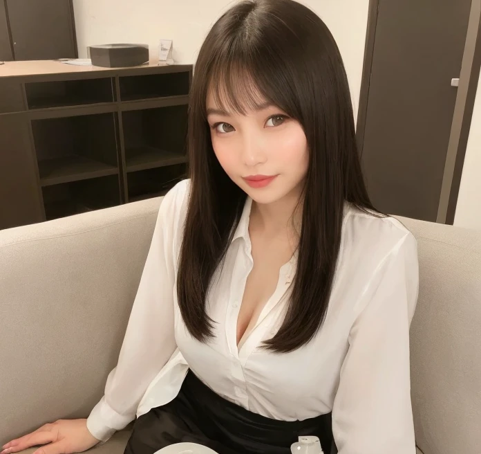 Female doctor wearing a white coat、1men and women、(Smile:1.1)、Slim face、The most beautiful women in the world、Ultra detailed face、Detailed eyes、double eyelid、Kamimei、Perfect Teeth、Perfect Teeth並び、(Glowing Skin)、(Realistic Skin)、Blurred Background、Whole Body Ezbian、frontage、Slim face、Light-colored clothing、Sit on the floor、Black Pantyhose、From above、Long skirt、Lift up your skirt、Panties visible through the skirt、Beautiful Hair、I can see her cleavage、Full body pose、(Pure Eros Face_v1:0.8)、Small Face、smile、Sexy、Hide your hands,Spread your legs、