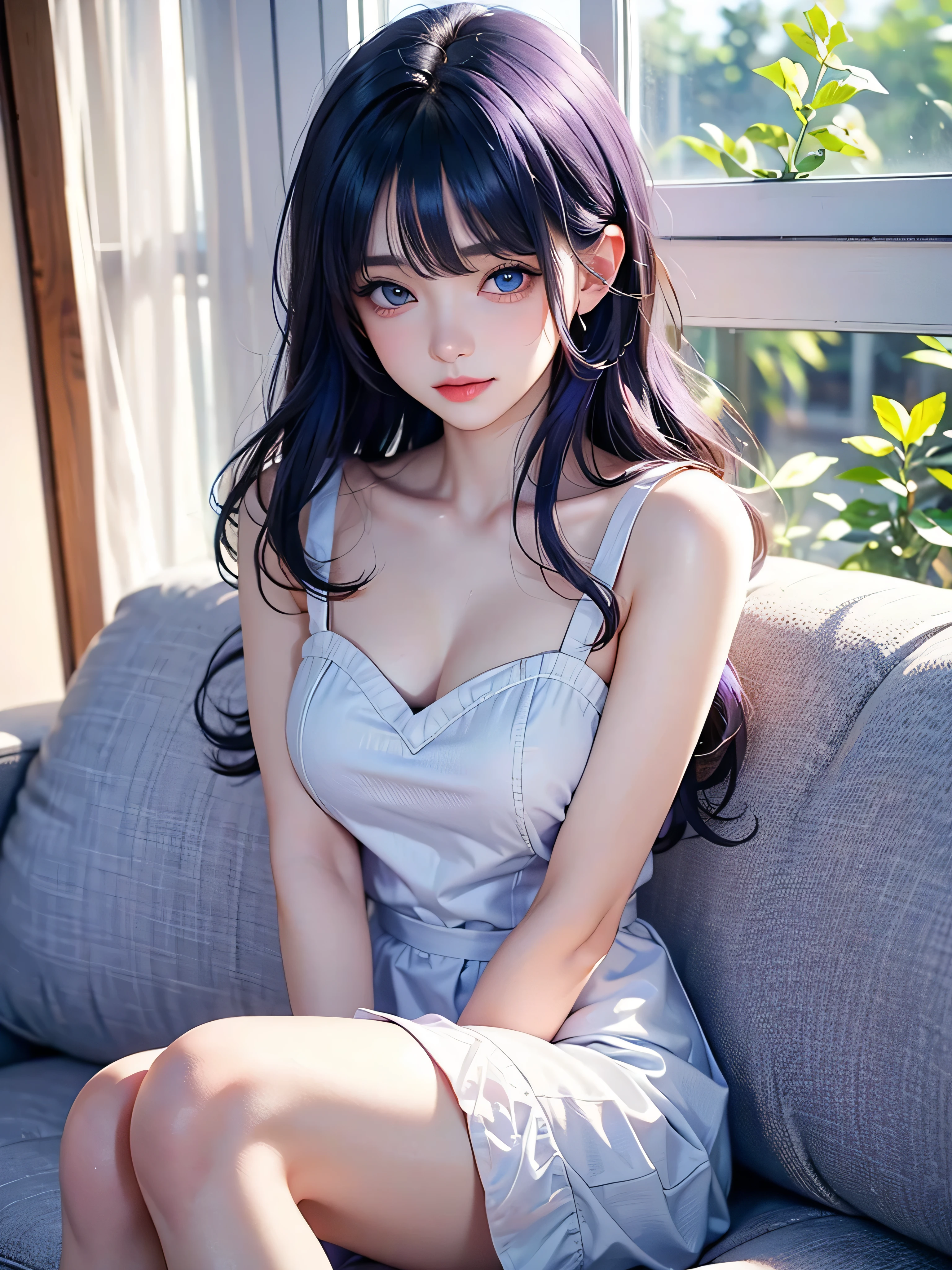 Sitting on a bed, fluffy bedsheets, cowgirl pose, snow on the ground, shy, beauty spot on chin, wearing a loose oversized hoodie, off the shoulder, fishnet leggings, hypebeast fashion, sexy thighs, side pose, small mole on the chin, blushing, neon lights in the background, detailed background, raining, long sleeves, neck choker with necklace, long necklace, evil look, detailed digital anime art