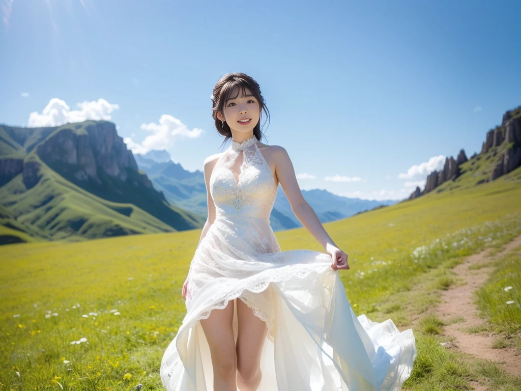 (highest quality,8k,masterpiece), Rough skin, Anatomically correct, sharp, mountain background, bokeh (( Japanese, )), alone, Shapely medium thight breasts, Straight light red hair that reaches the shoulders, slender body type (((Stand upright, Facing the center of the screen.))), Close your mouth and look straight ahead with a serious face, white choker, scarf, wedding gown, majestic, tiara, white stocking, skinny thight、 View Camera。sexy makeup, medium ass, head to toe shot