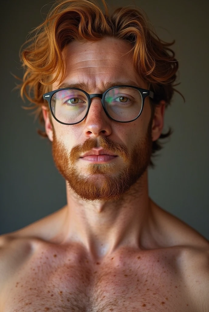 A portrait of a handsome muscular redhead bearded young man with short hair wearing glasses looking sternly at the camera, shirtless ripped, (Best quality, 4k, Masterpiece :1.3)