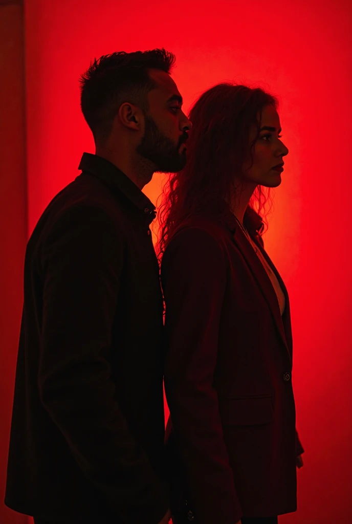Create a clear, not dark image of a man on one stage and a woman on another stage.. Separated with sadness and anger. They raise their arms and break the cycle of violence, emotional abuse, manipulation and psychological abuse. They are getting divorced.
Their red hearts are broken.