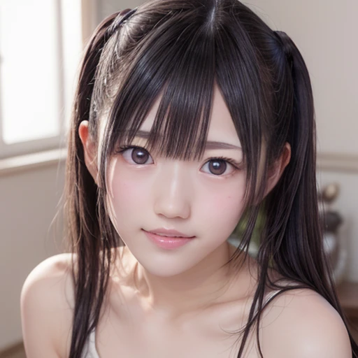 Tube top,midriff peek,string panties,,open mouth,tongue out,cum on tongue,standing,looking ahead,from above,flont view,cowboy shot,(1girl,Beautiful 14 year old girl),((Slender,Small breasts,Small face,)),looking at viewer,Black Hair,bangs,one side up,Beautiful and detailed,Mischievous smile,Dimly lit room,Simple Background,Black background,Low lighting