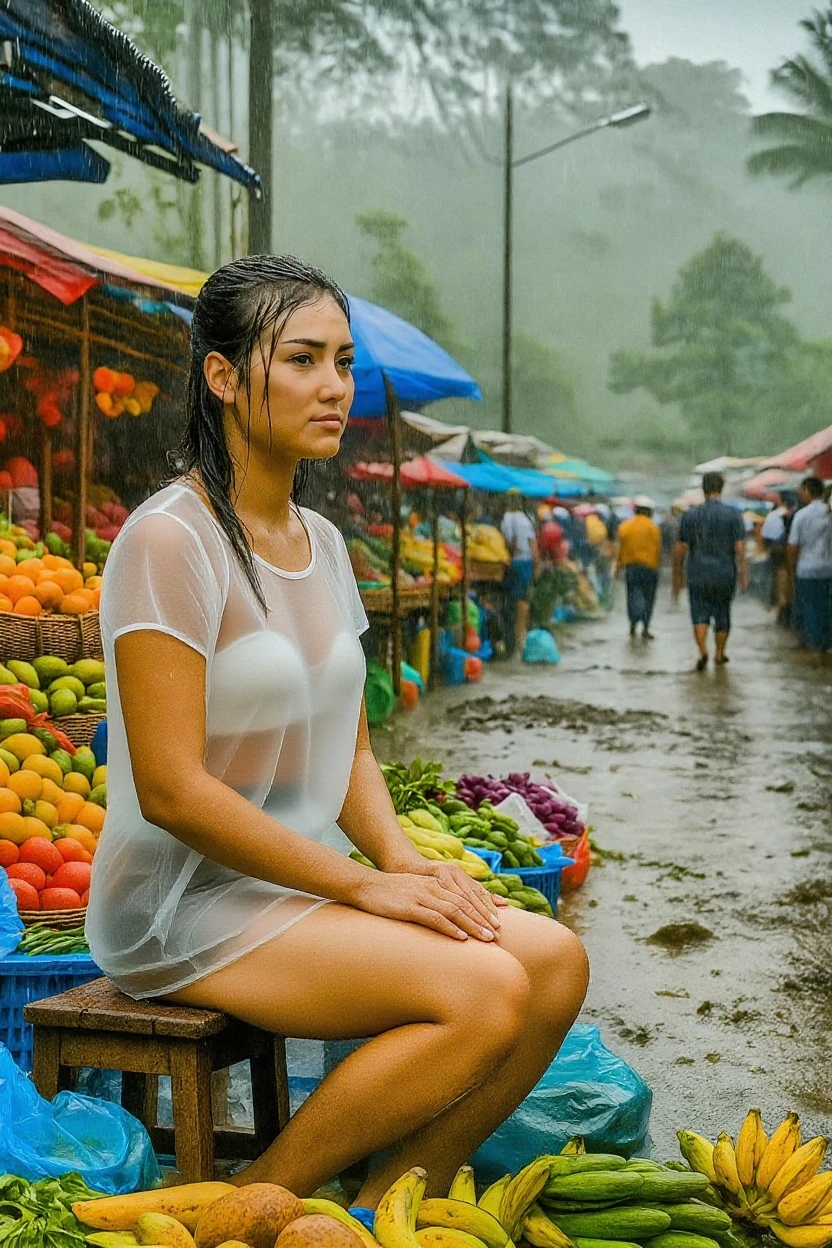 A young woman with flowers woven into her hair at Woodstock in 1969, dancing barefoot in the mud as rain pours down during one of the festival's infamous downpours. Her tie-dye sundress clings to her form as she twirls and spins.