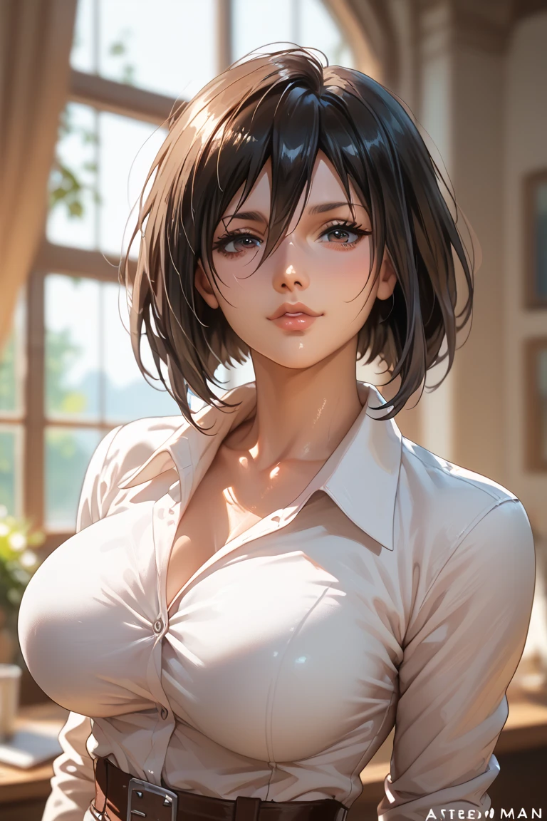 (8k, RAW Photos, highest quality, masterpiece, Realistic, Realistic), (1 female), (Ultimate beauty), Highly detailed face, (Perfect Teeth), Beautiful Eyes, double eyelid, eyelash, smile, Lip details, (Neat brunette bob), The light shines on your face, Big Breasts, ((Mini Dress)), (Sexy Panties), (background: none), Background blur