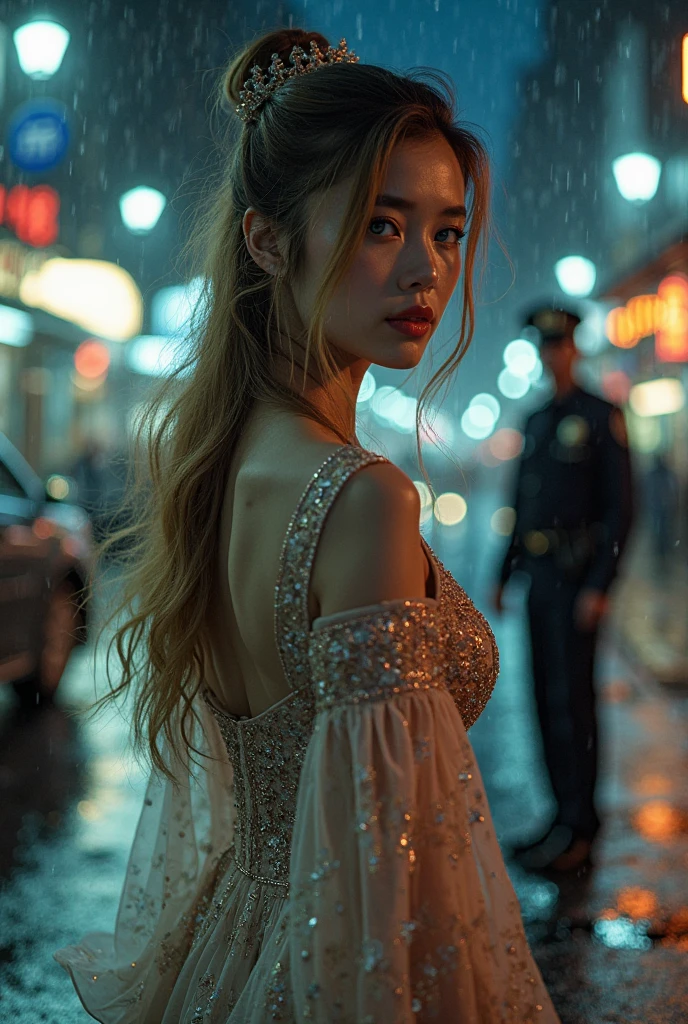highest quality、High resolution、Super detailed、masterpiece、(Live shooting:1.5)、genuine:1.5、photogenuineistic:1.5、very delicate and beautiful、small details、1 female、Early 20s、(super beautiful)、(super beautiful顔)、wearing makeup、(Standing in the airport departure lobby at night)、(The background is a night view of an airplane seen from the window and falling snow..)、(upper body shot)