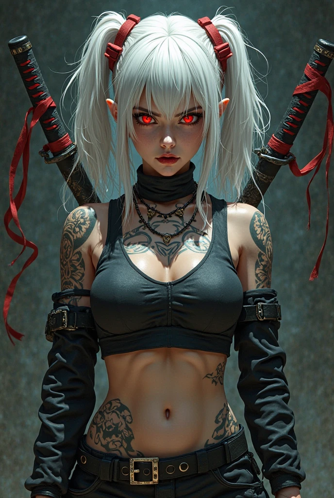 Woman with white hair and bright red eye tied by chain raised in cross shape, background full of chains and cages, full HD, 4k, 8k, 16k, high resolution, high-definition, super detailed, super realistic, --auto